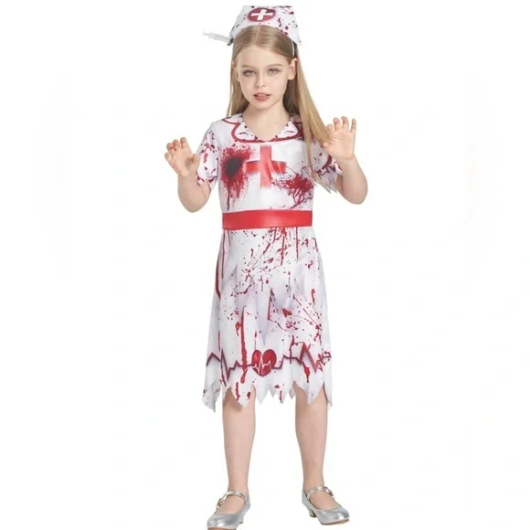 Ikali Girls Zombie Nurse Dress Headband 2 Piece Halloween Costume Size 7-8 Scary - Picture 2 of 10